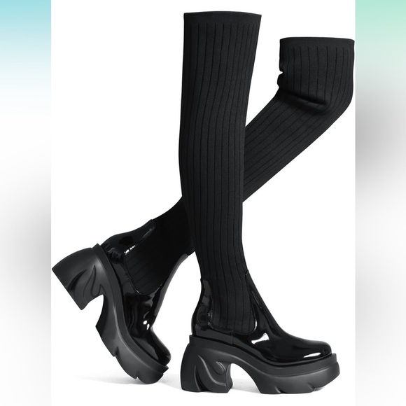 Thigh High Boots Round Toe Mid Chunky Heel Stretch Over the Knee Boots - Picture 1 of 6